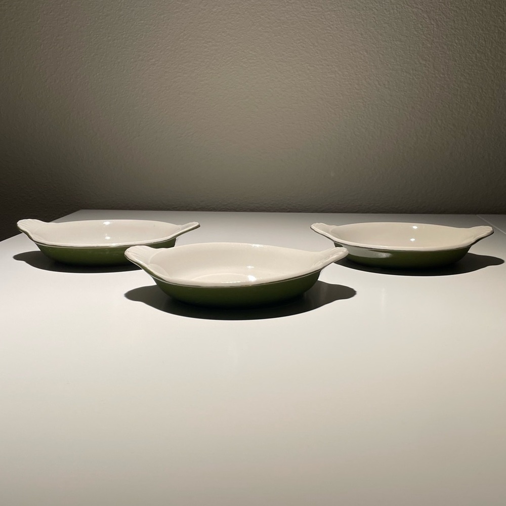 Vtg Hall Green White 6" Small Casserole Dish Set Of 3 Plant Saucer Lugged Dishes
